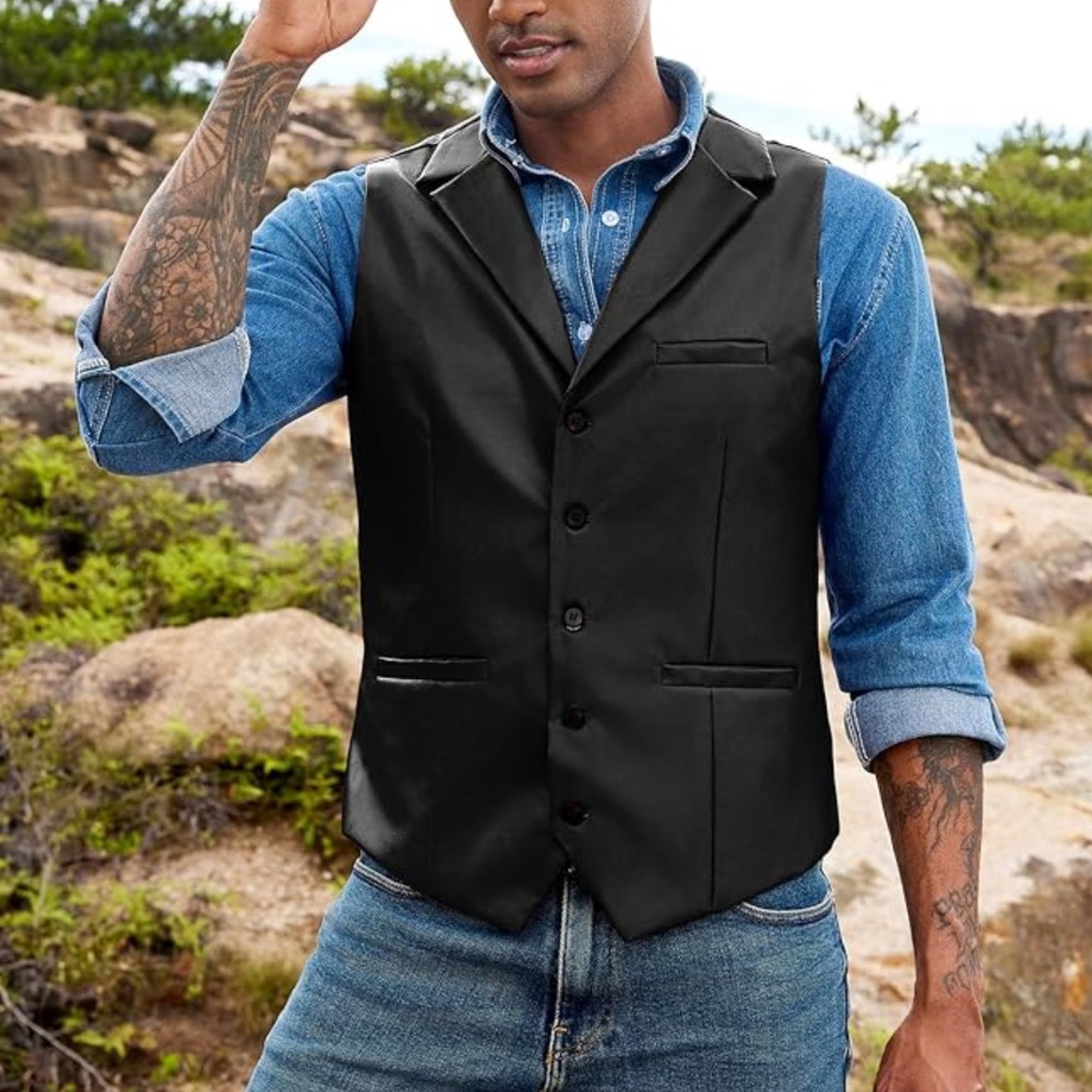 NWT Coofandy Black Leather And Polyester Vest Waistcoat Size Medium